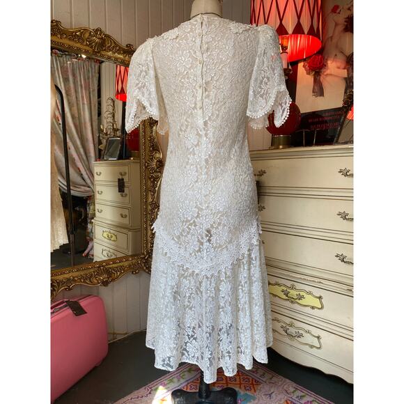 vintage 1980s sheer lace mermaid hem dress with flutter sleeves small wedding - Picture 8 of 10